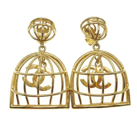 Chanel Birdcage Dangle Earrings Clip-On Gold 110417 - Picture 1 of 4